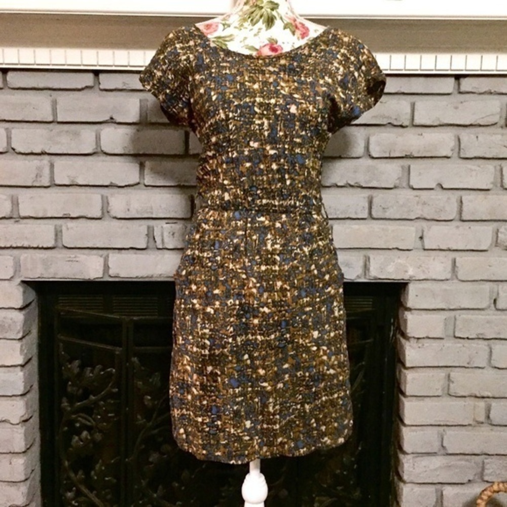 Brown Blue Abstract Elastic Waist Dress Pockets SHINE USA